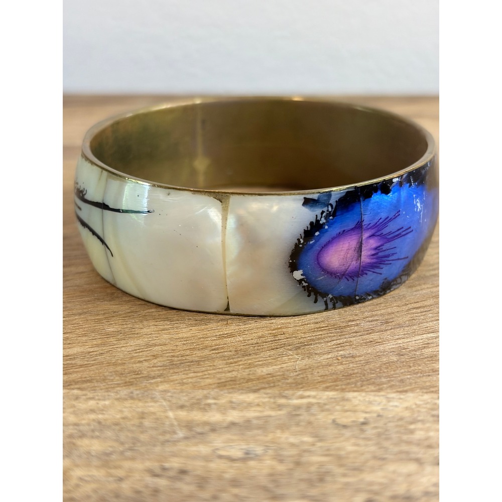 Mother of Pearl Shell Inlay Brass Bangle Peacock Feather Wide Cuff Bracelet